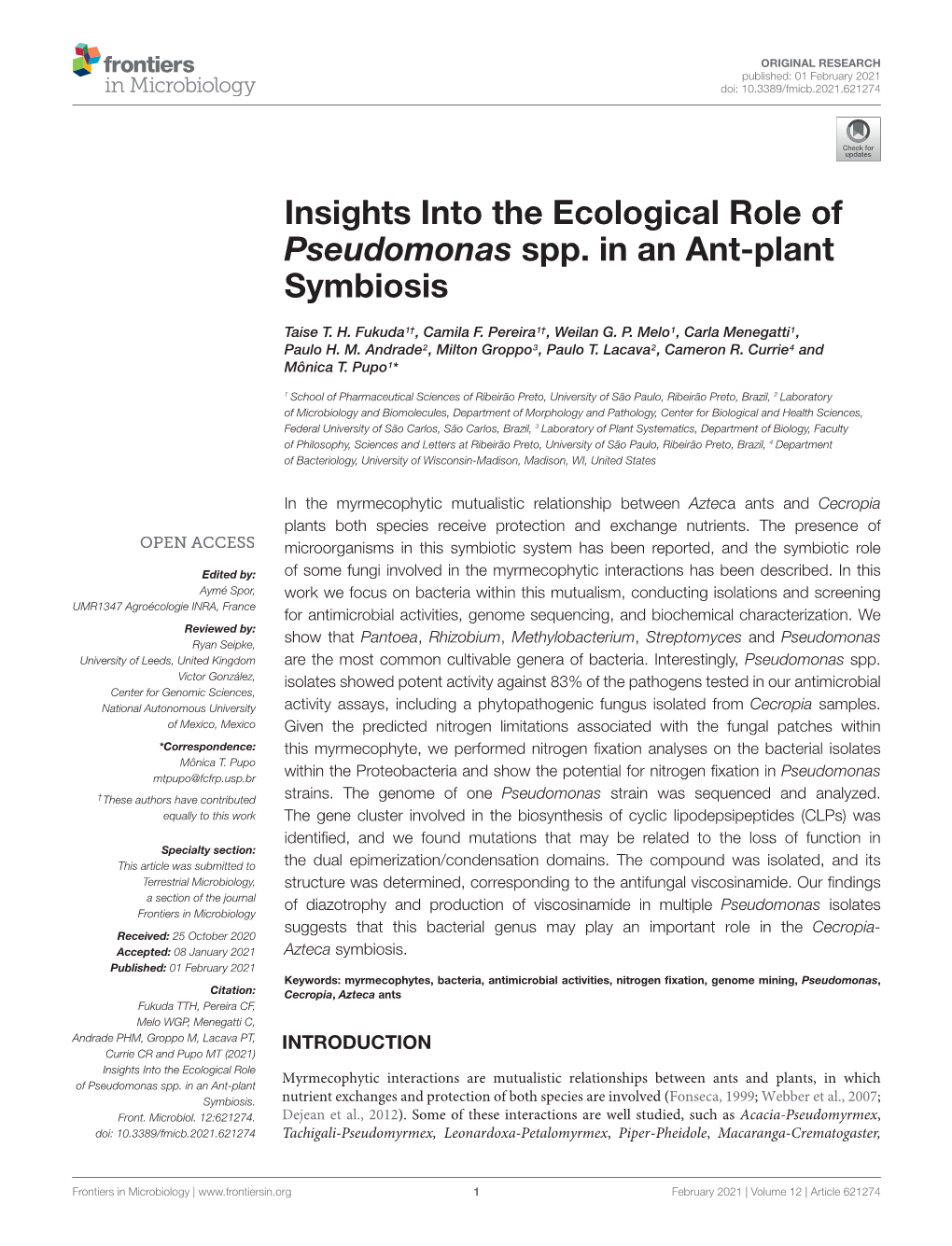 Insights Into the Ecological Role of Pseudomonas Spp. in an Ant-Plant Symbiosis