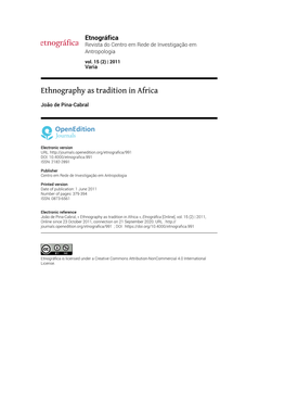Ethnography As Tradition in Africa