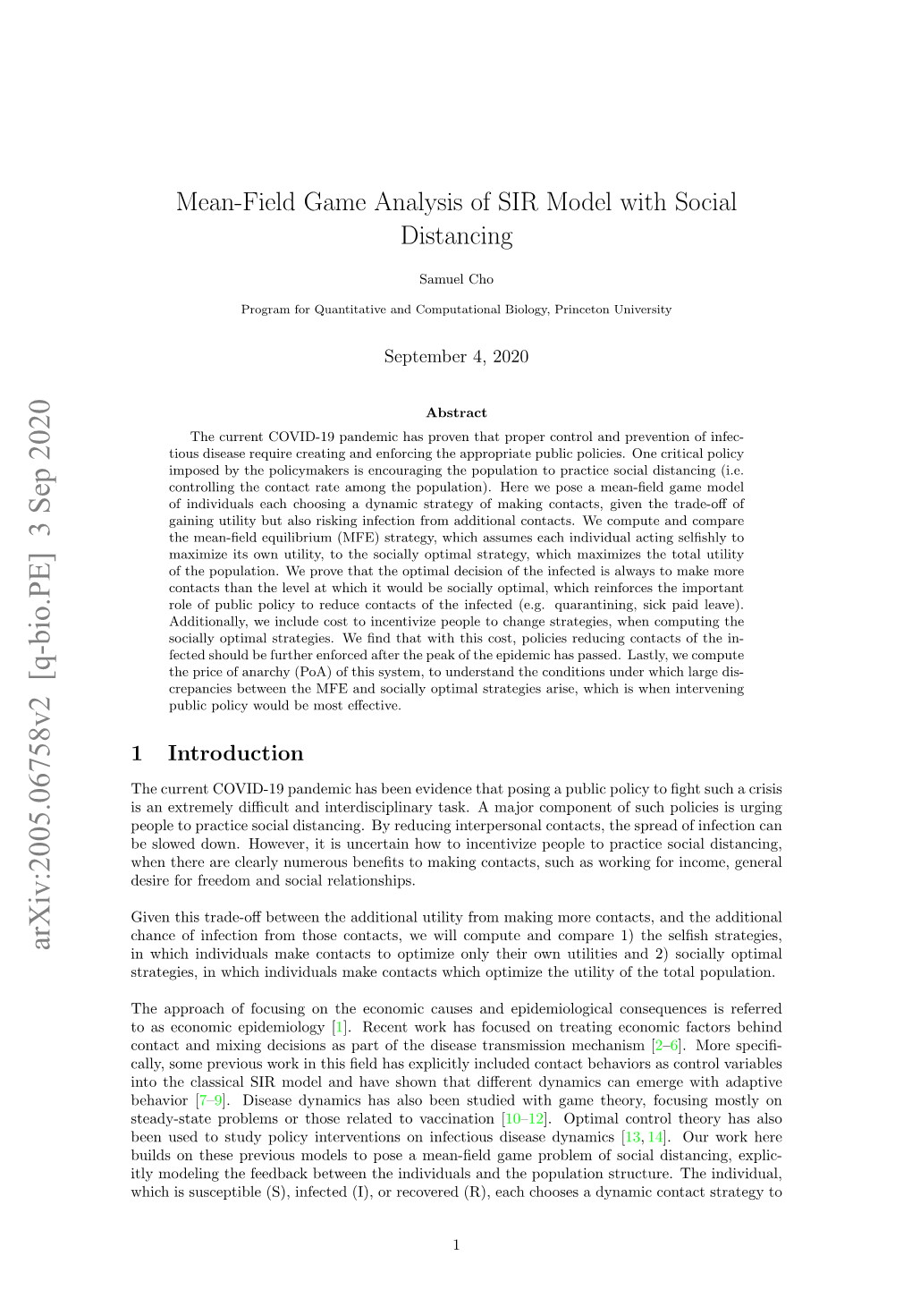 Mean-Field Game Analysis of SIR Model with Social Distancing