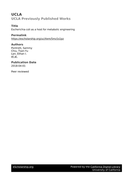 Escherichia Coli As a Host for Metabolic Engineering