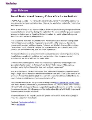 Press Release Darrell Dexter Named Honorary Fellow at Maceachen