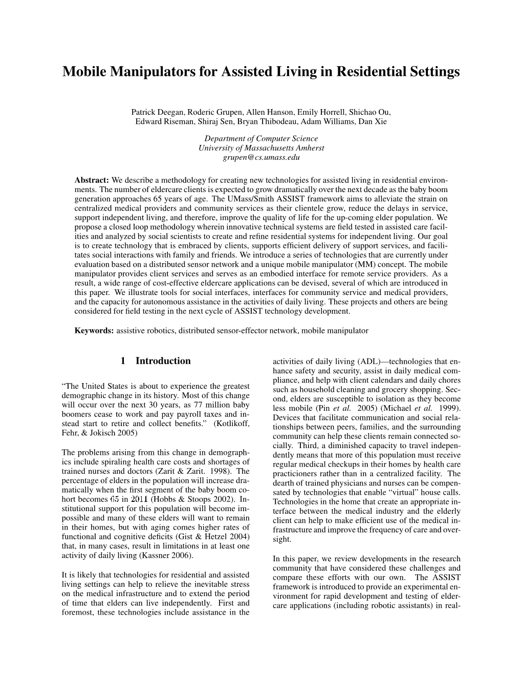 Mobile Manipulators for Assisted Living in Residential Settings