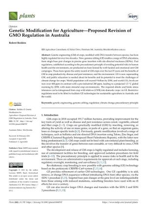 Genetic Modification for Agriculture—Proposed Revision of GMO Regulation in Australia