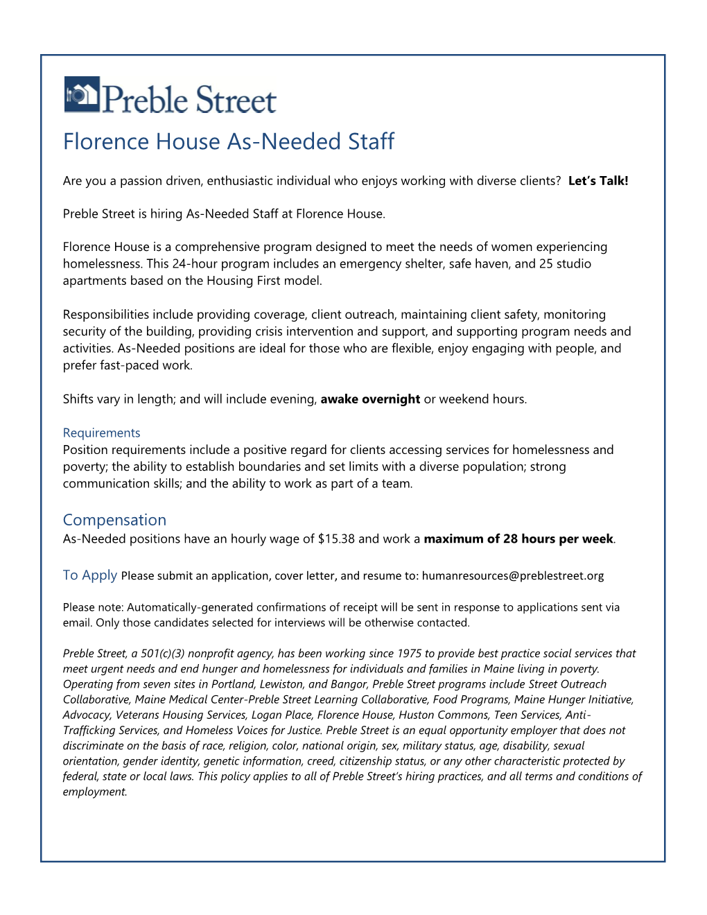 Florence House As-Needed Staff