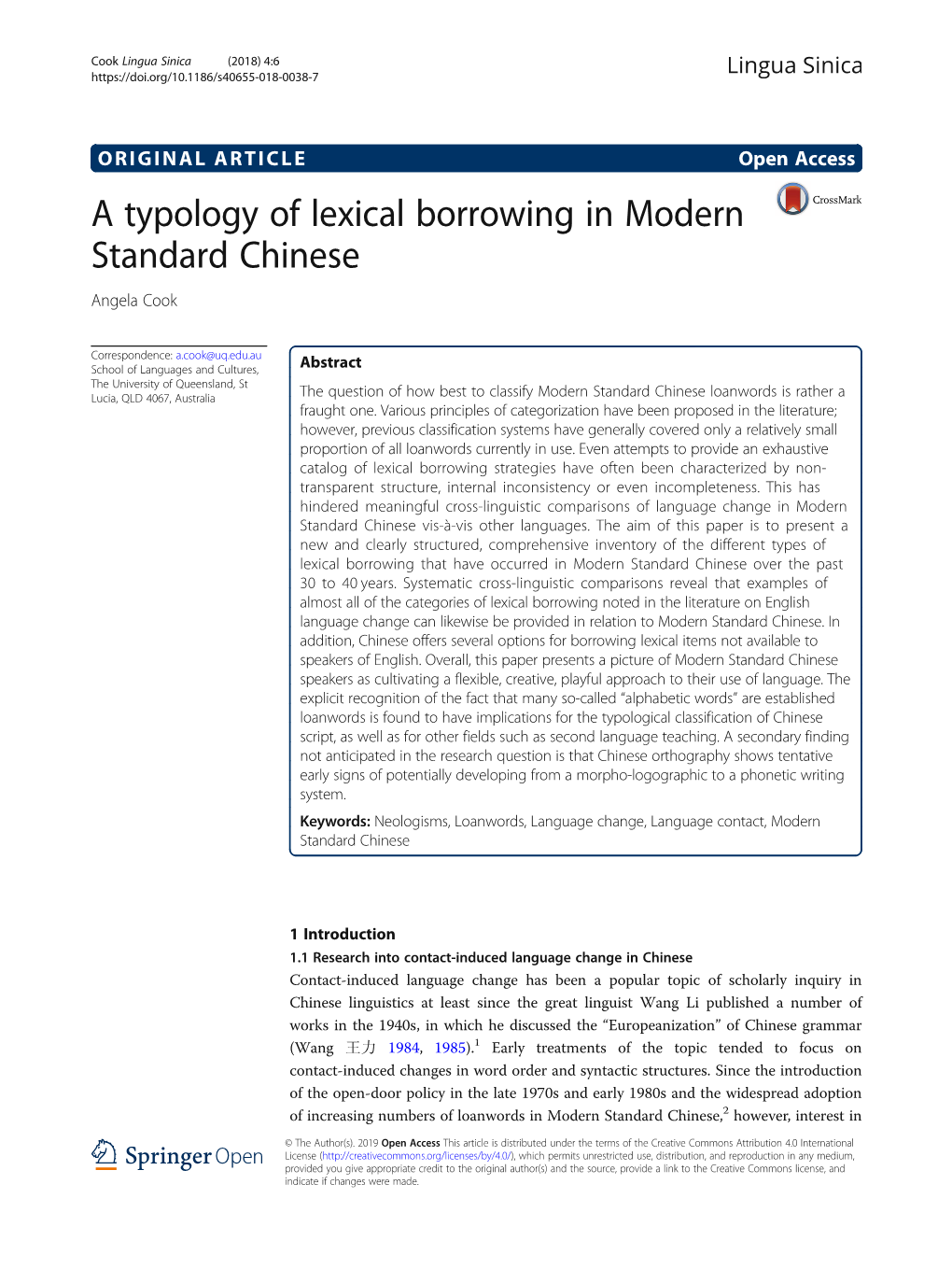 A Typology of Lexical Borrowing in Modern Standard Chinese Angela Cook