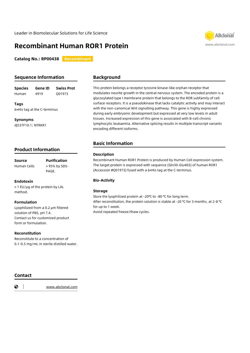 Recombinant Human ROR1 Protein