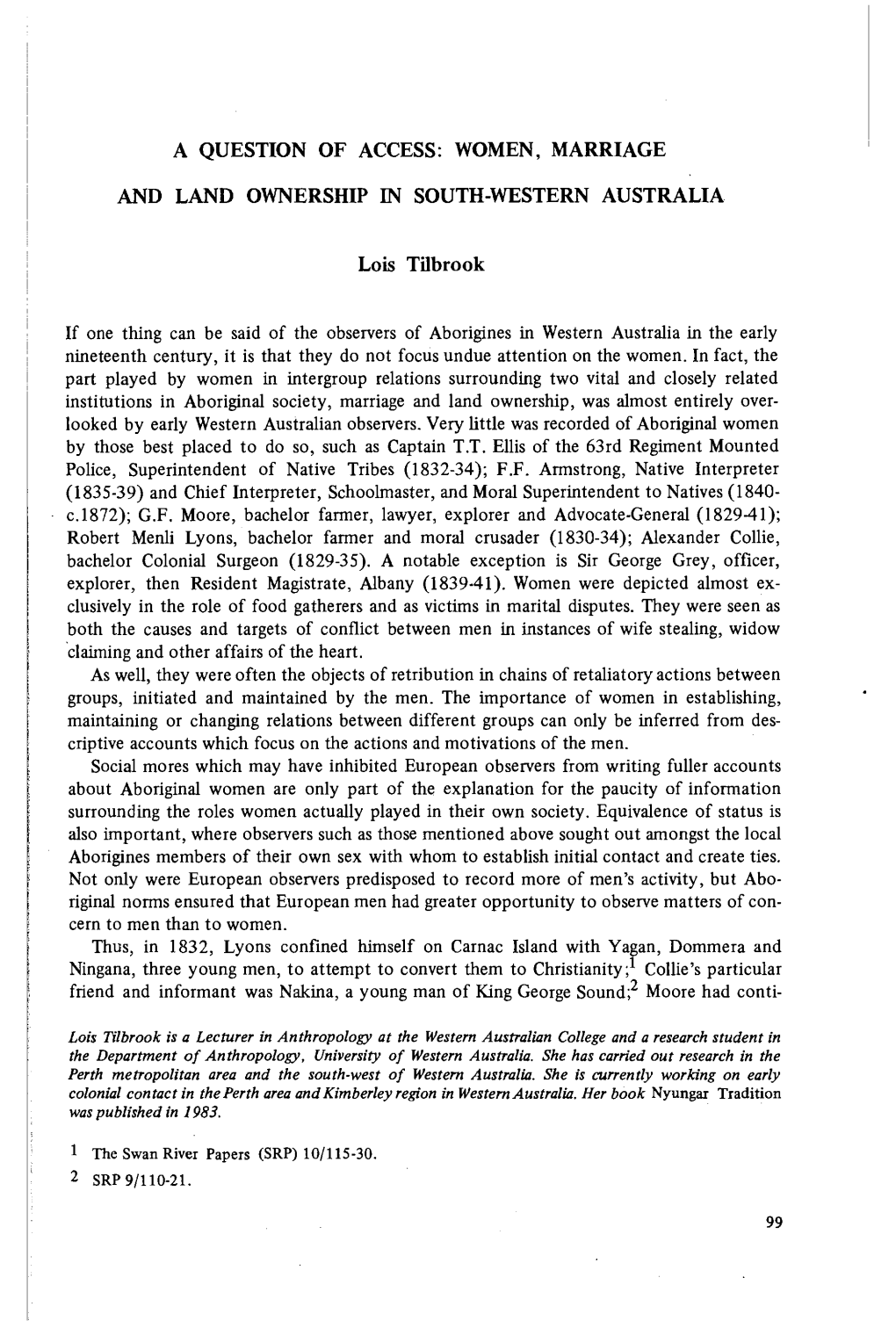 Women, Marriage and Land Ownership in South-Western Australia