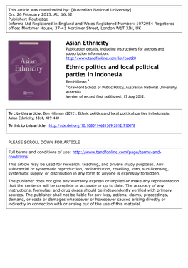 Ethnic Politics and Local Political Parties in Indonesia