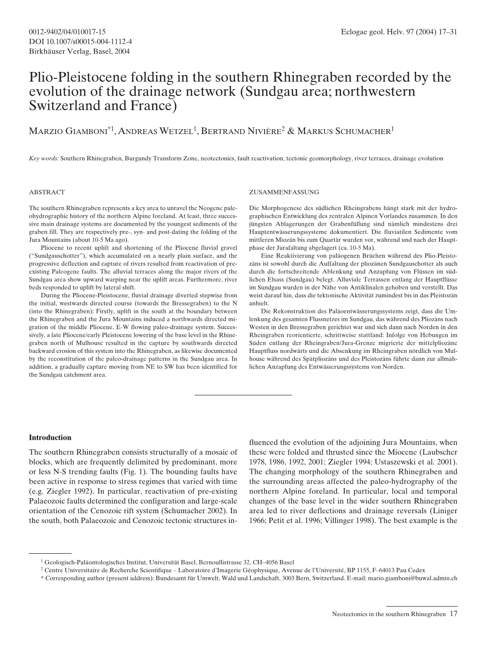 Plio-Pleistocene Folding in the Southern Rhinegraben Recorded by the Evolution of the Drainage Network (Sundgau Area; Northwestern Switzerland and France)