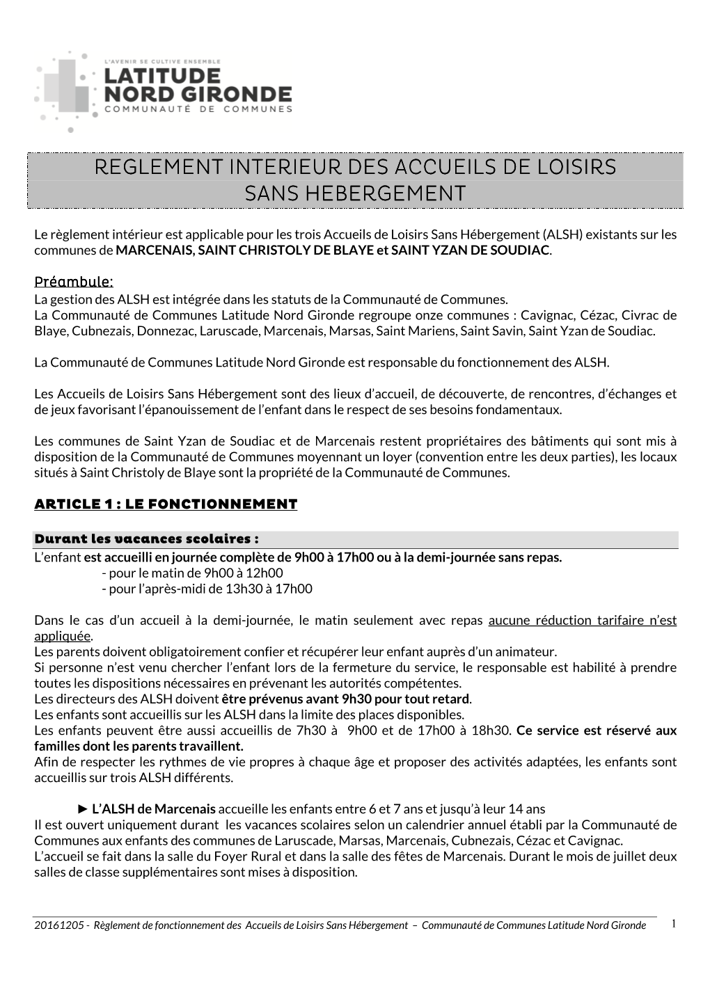 20161205 Réglement Intérieur Des ALSH CCLNG