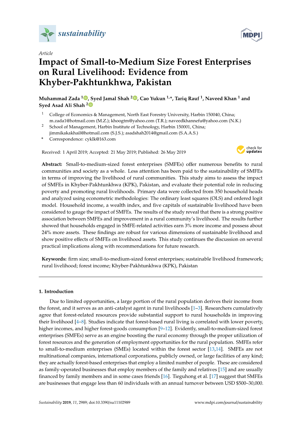 Impact of Small-To-Medium Size Forest Enterprises on Rural Livelihood: Evidence from Khyber-Pakhtunkhwa, Pakistan