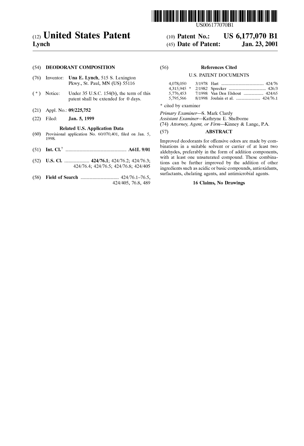 (12) United States Patent (10) Patent No.: US 6, 177,070 B1 Lynch (45) Date of Patent: Jan