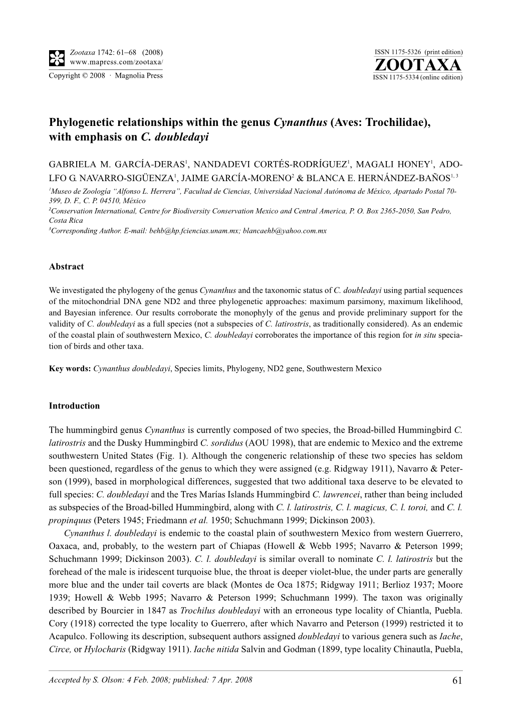 Zootaxa, Phylogenetic Relationships Within the Genus Cynanthus (Aves