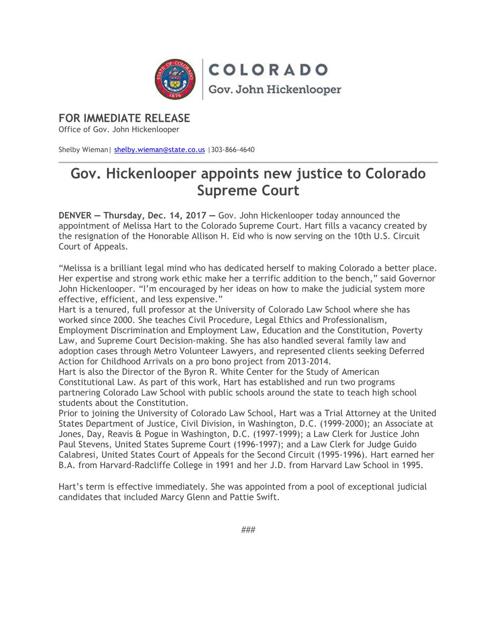 Gov. Hickenlooper Appoints New Justice to Colorado Supreme Court