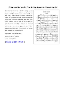 Chanson De Matin for String Quartet Sheet Music