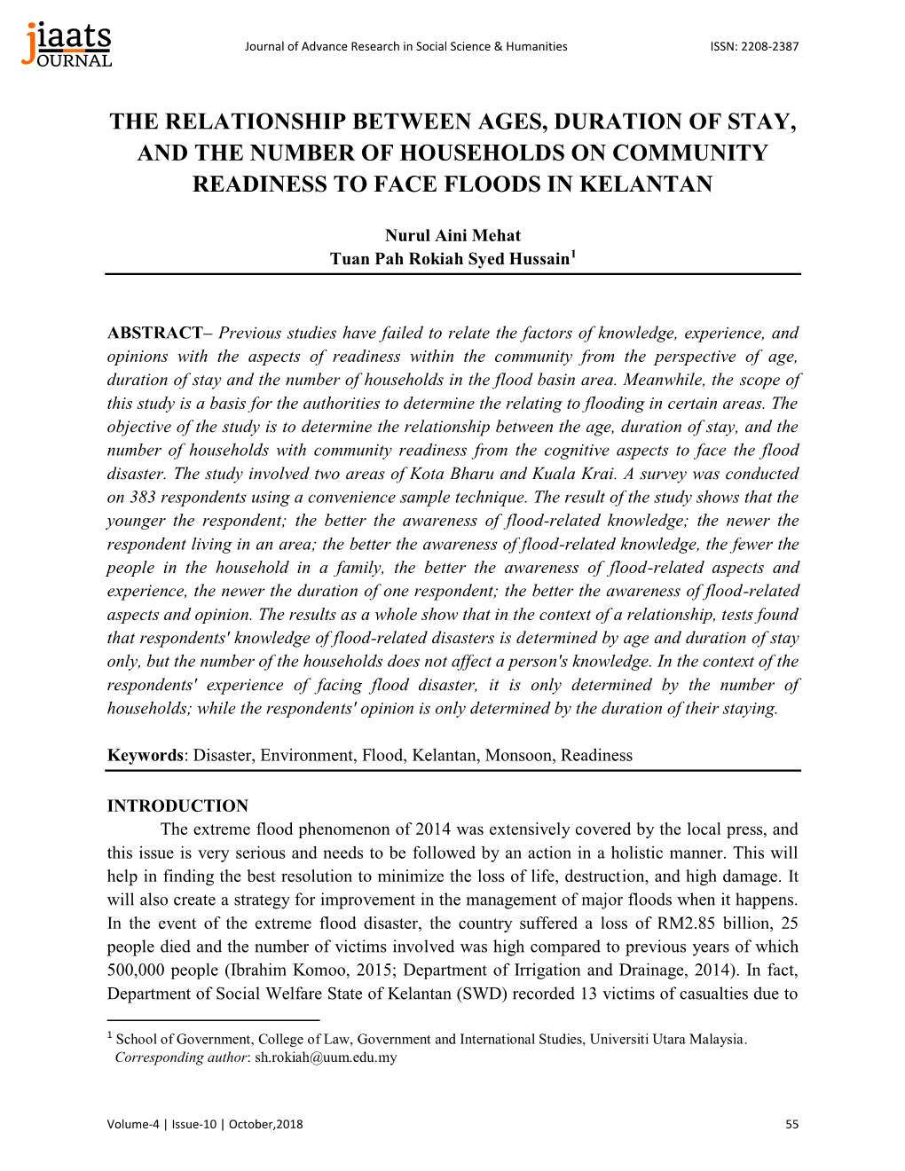 The Relationship Between Ages, Duration of Stay, and the Number of Households on Community Readiness to Face Floods in Kelantan