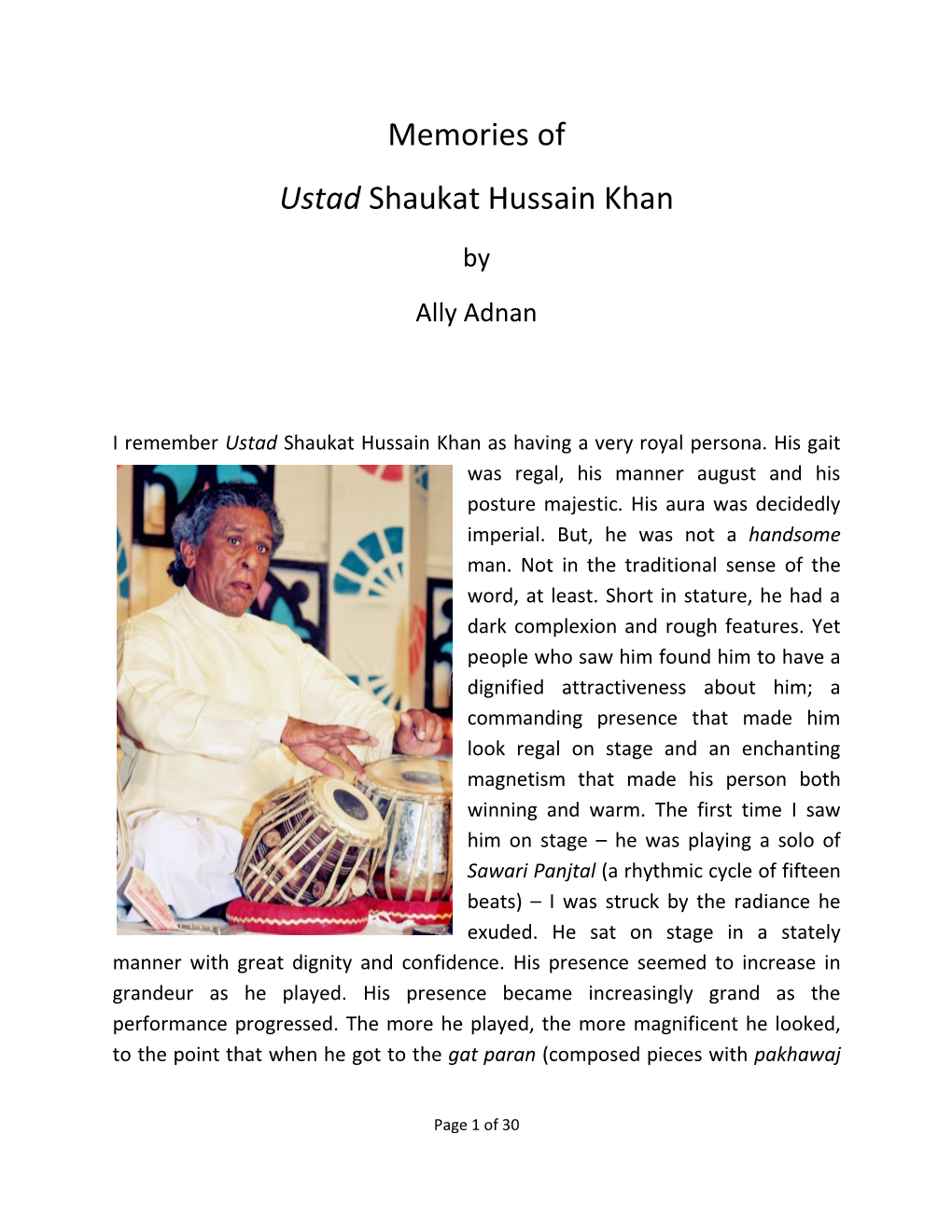 Memories of Ustad Shaukat Hussain Khan