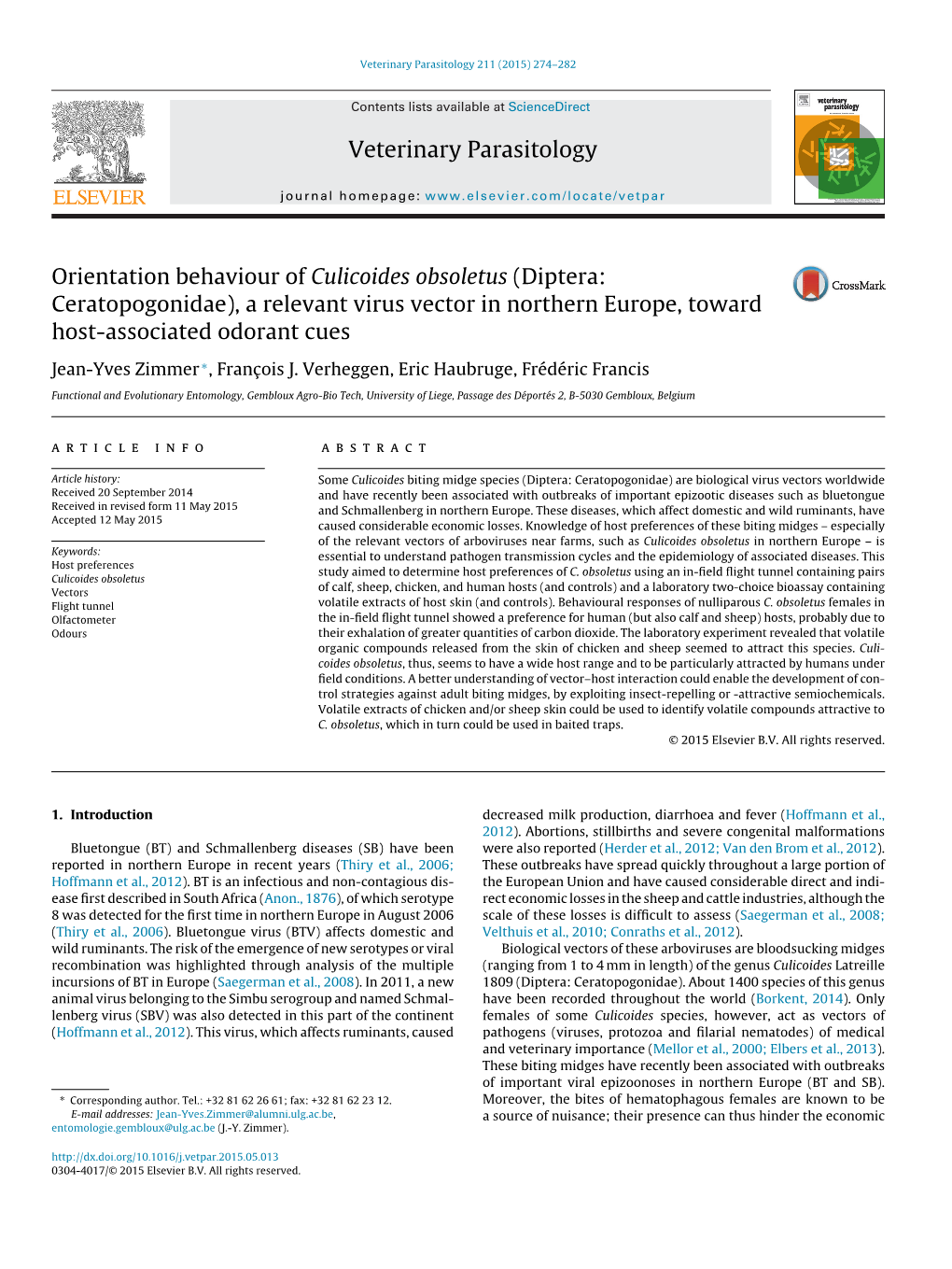 Orientation Behaviour of Culicoides Obsoletus (Diptera: Ceratopogonidae), a Relevant Virus Vector in Northern Europe, Toward Host-Associated Odorant Cues