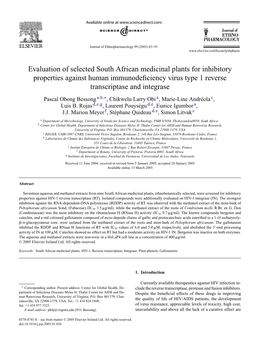 Evaluation of Selected South African Medicinal Plants for Inhibitory Properties Against Human Immunodeﬁciency Virus Type 1 Reverse Transcriptase and Integrase