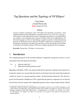 Tag Questions and the Typology of VP Ellipsis∗