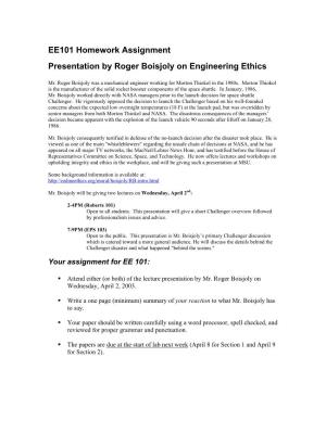 EE101 Homework Assignment Presentation by Roger Boisjoly on Engineering Ethics