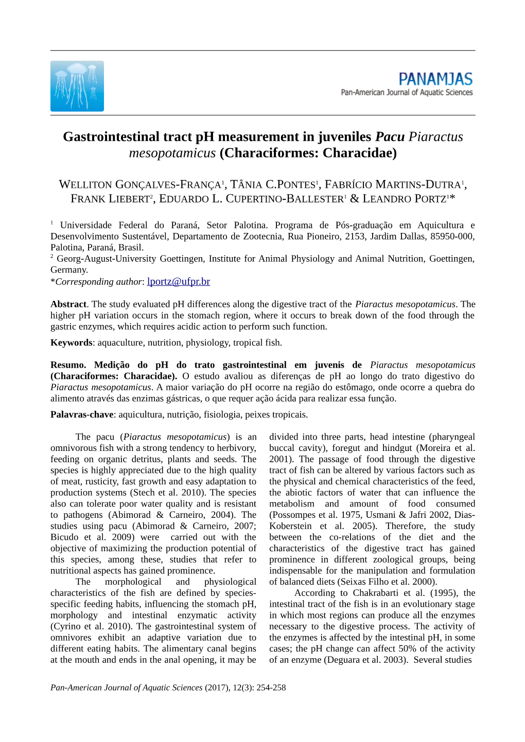 Gastrointestinal Tract Ph Measurement in Juveniles Pacu Piaractus Mesopotamicus (Characiformes: Characidae)