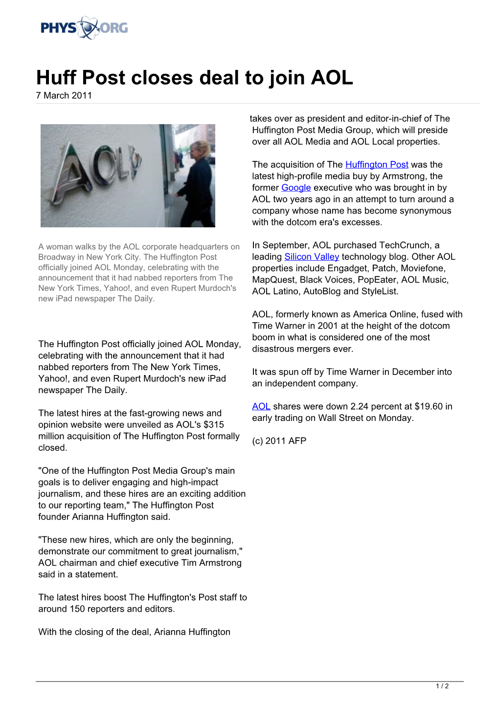 Huff Post Closes Deal to Join AOL 7 March 2011