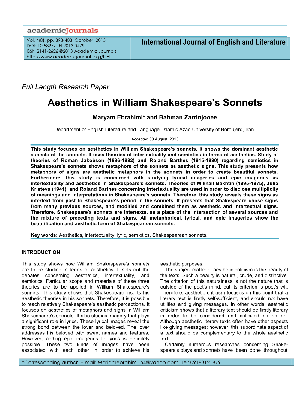 Aesthetics in William Shakespeare's Sonnets