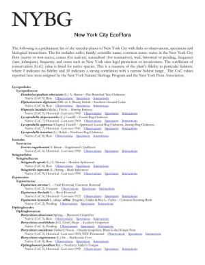 The Following Is a Preliminary List of the Vascular Plants of New York City with Links to Observations, Specimens and Biological Interactions