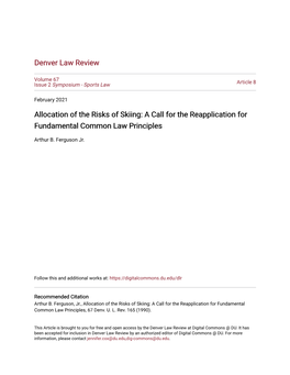 Allocation of the Risks of Skiing: a Call for the Reapplication for Fundamental Common Law Principles