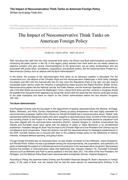 The Impact of Neoconservative Think Tanks on American Foreign Policy Written by Kubilay Yado Arin