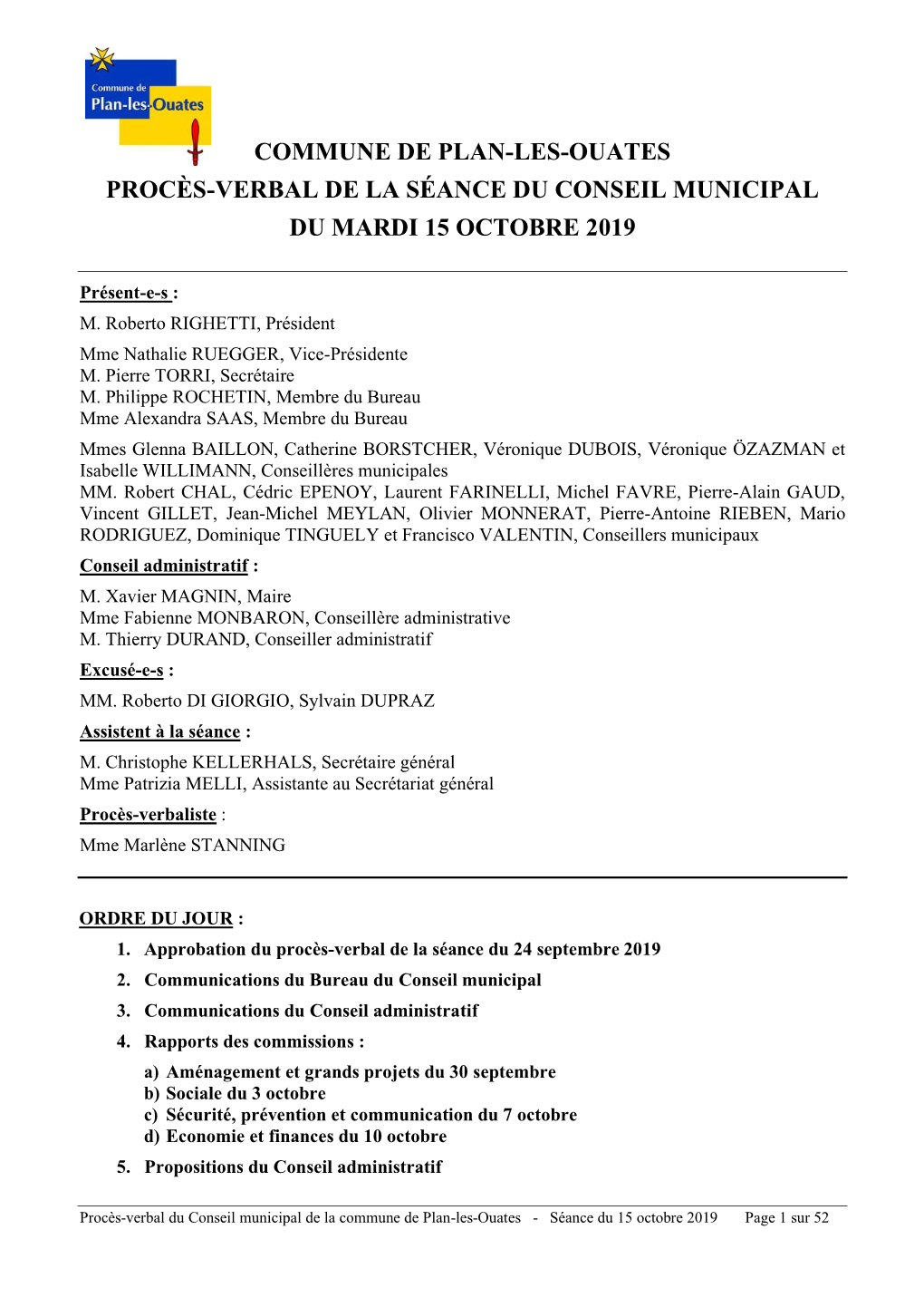 Commune De Plan-Les-Ouates Procès-Verbal De La Séance Du Conseil Municipal Du Mardi 15 Octobre 2019