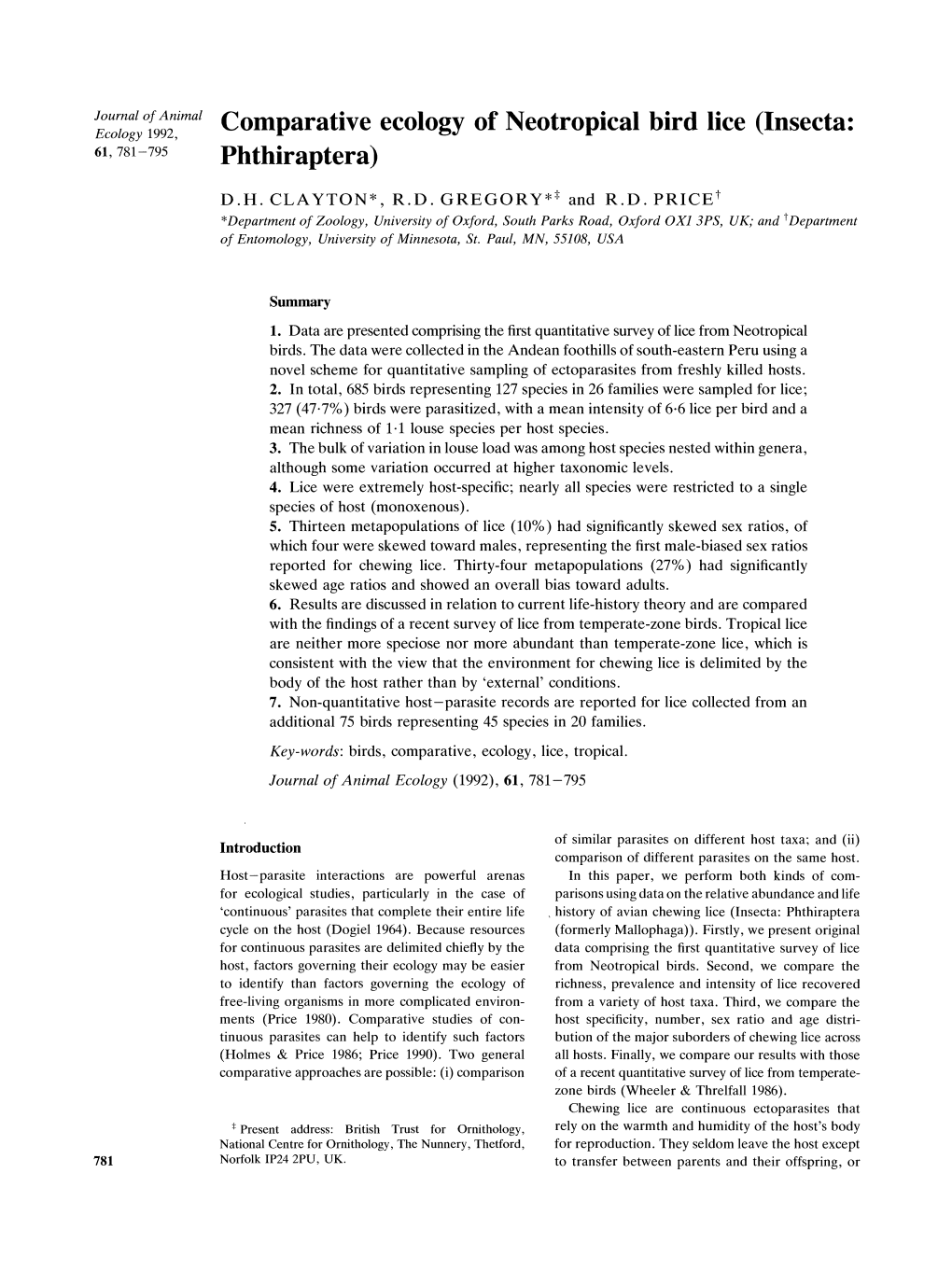 Comparative Ecology of Neotropical Bird Lice (Insecta: ECO~O~Y1992, Phthiraptera)