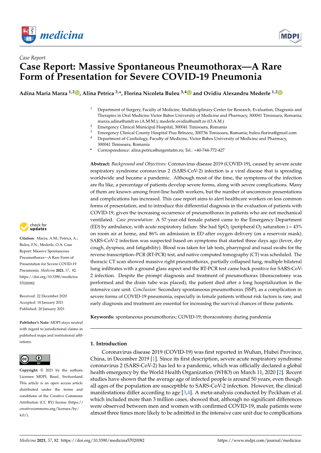 Case Report: Massive Spontaneous Pneumothorax—A Rare Form of Presentation for Severe COVID-19 Pneumonia
