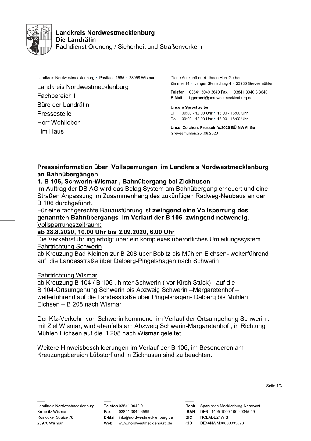 Landkreis Nordwestmecklenburg Die Landrätin Fachdienst Ordnung / Sicherheit Und Straßenverkehr