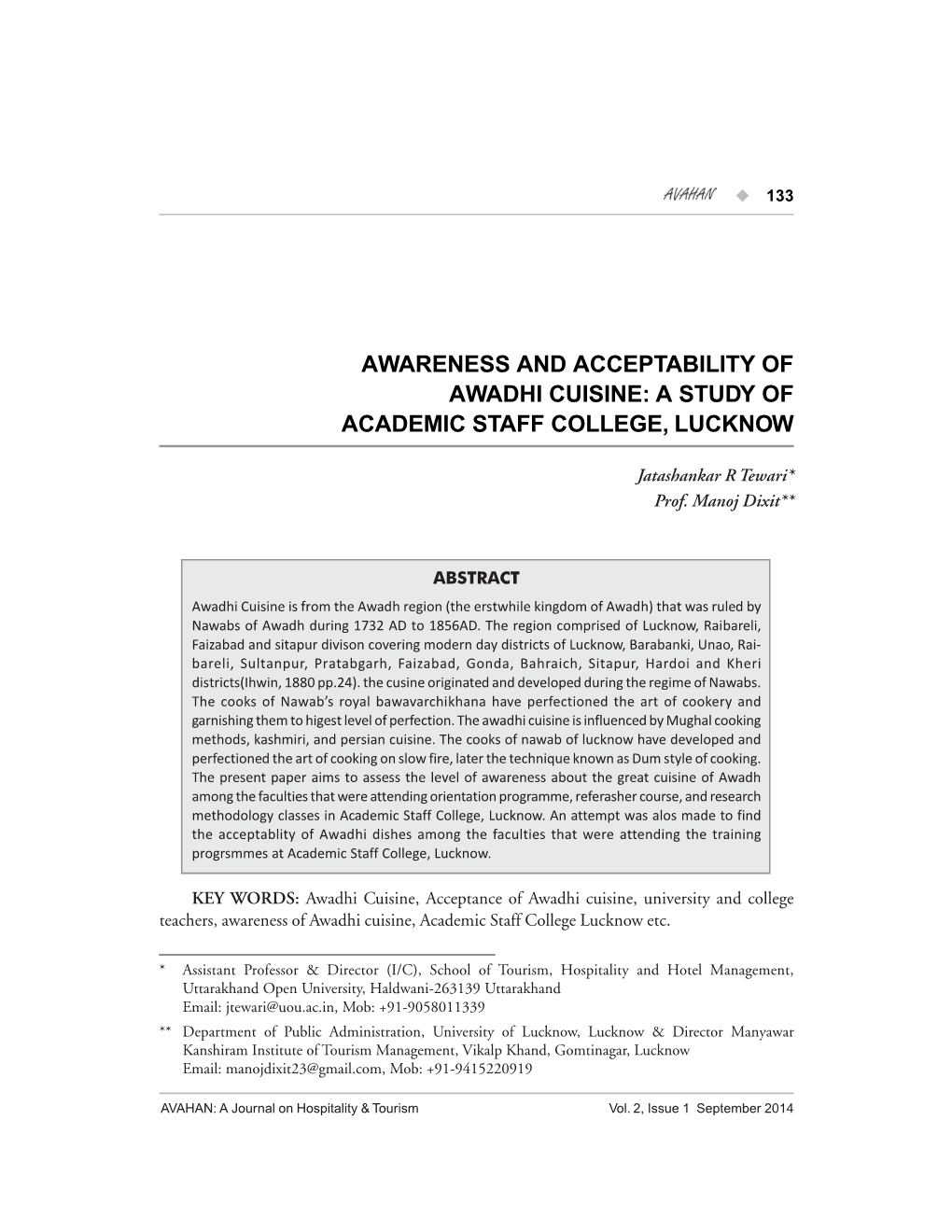 Awareness and Acceptability of Awadhi Cuisine: a Study of Academic Staff College, Lucknow