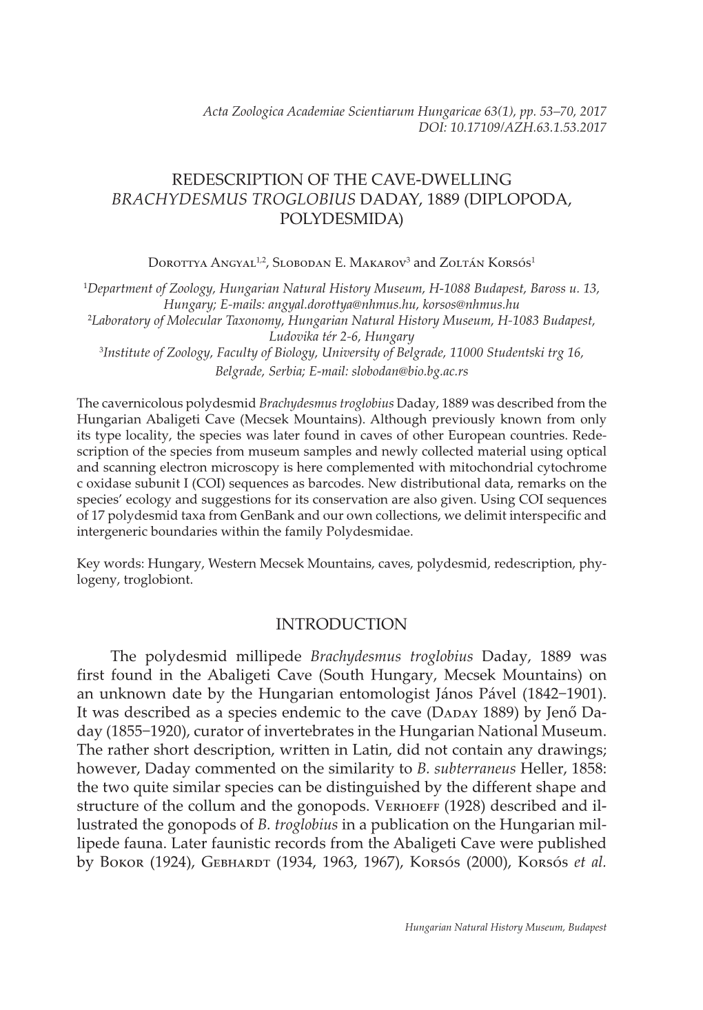 Redescription of the Cave-Dwelling Brachydesmus Troglobius Daday, 1889 (Diplopoda, Polydesmida)