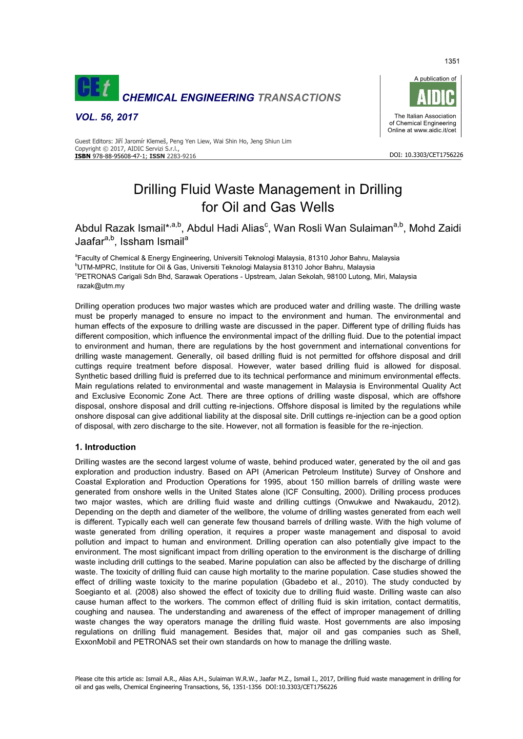 Drilling Fluid Waste Management in Drilling for Oil and Gas Wells, Chemical Engineering Transactions, 56, 1351-1356 DOI:10.3303/CET1756226 1352