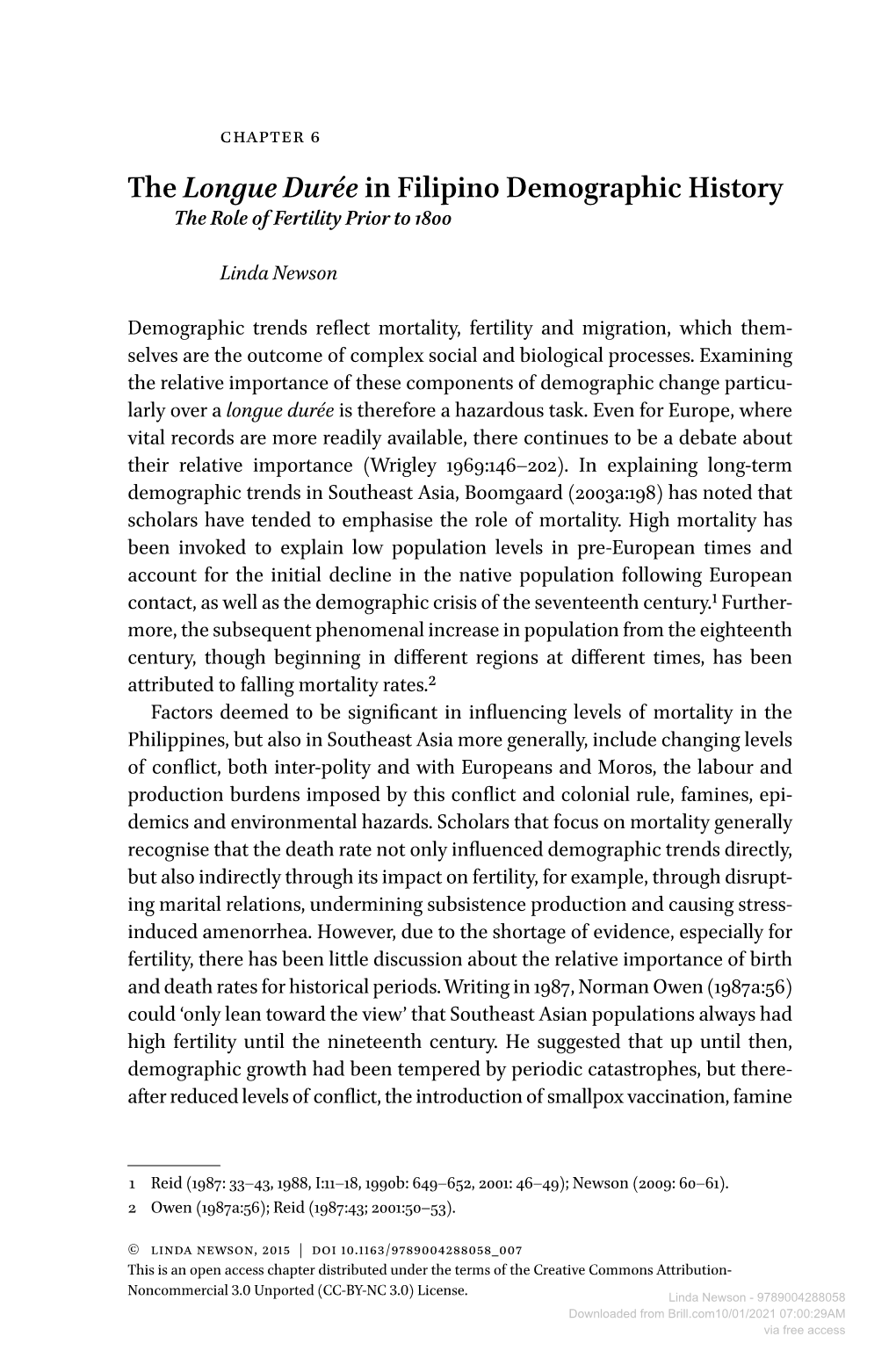 The Longue Durée in Filipino Demographic History the Role of Fertility Prior to 1800