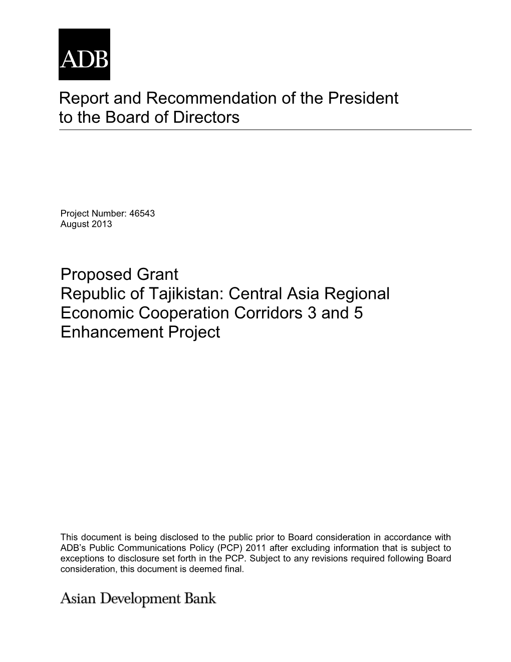 RRP: Tajikistan: Central Asia Regional Economic Cooperation
