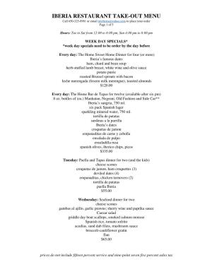 IBERIA RESTAURANT TAKE-OUT MENU Call 650-325-8981 Or Email Myiberia@Yahoo.Com to Place Your Order Page 1 of 5