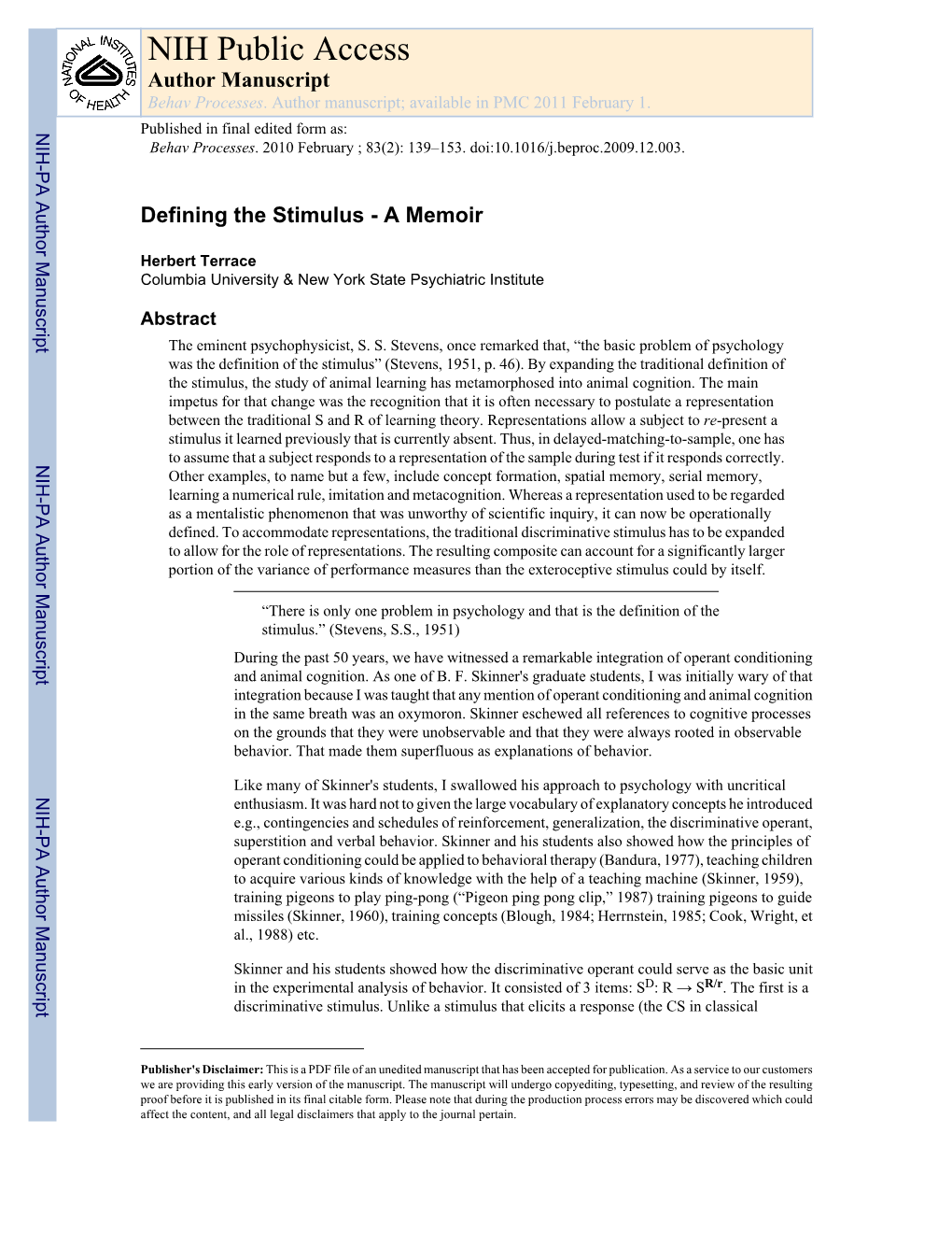 NIH Public Access Author Manuscript Behav Processes