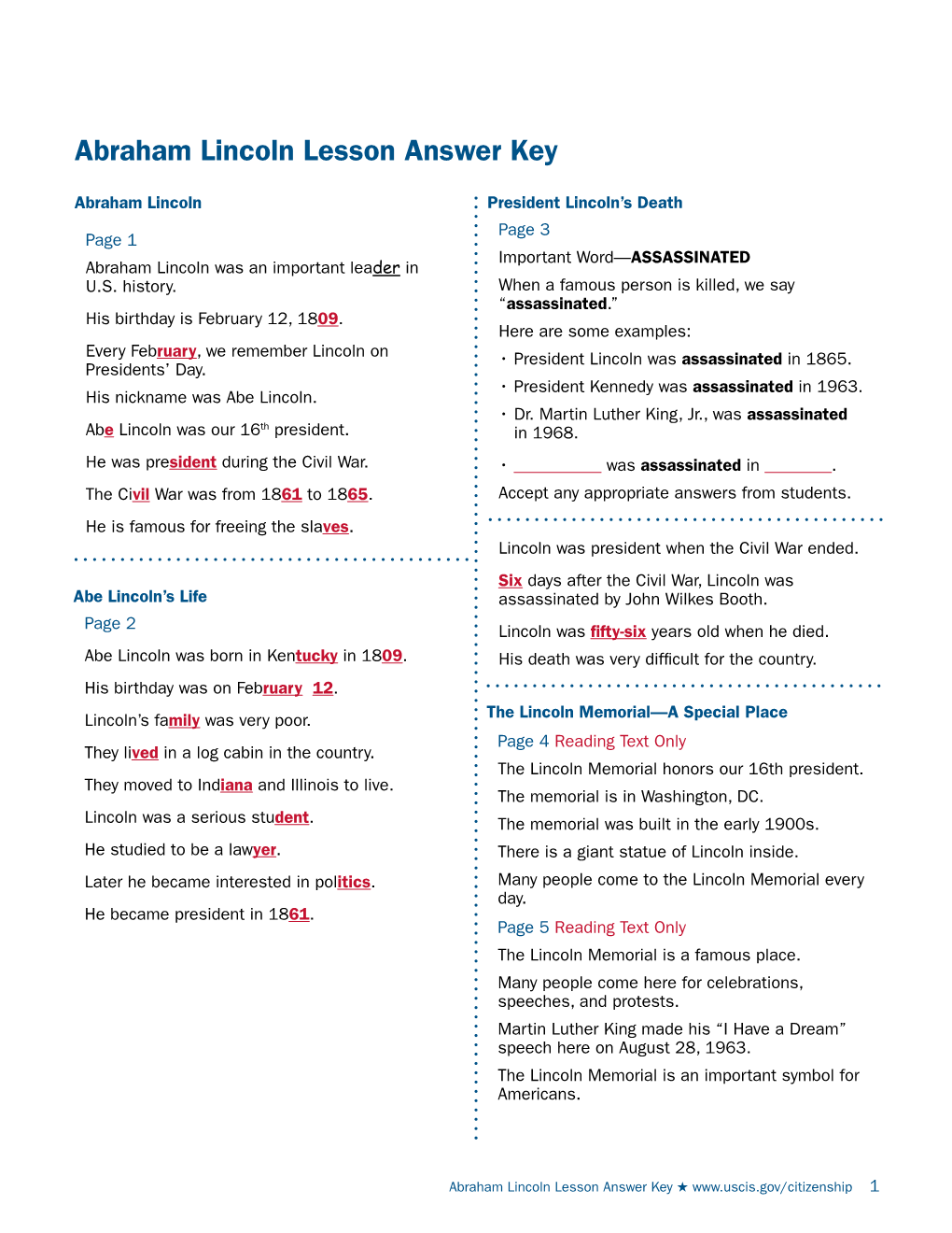 Abraham Lincoln Lesson Answer Key