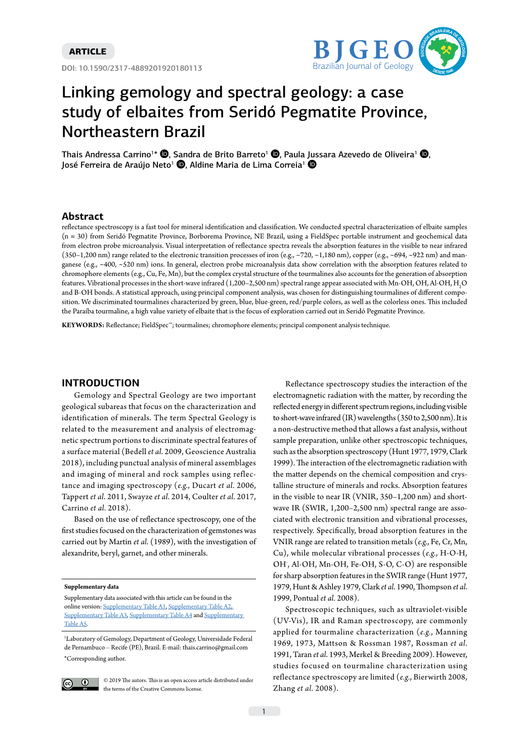 Linking Gemology and Spectral Geology: a Case Study of Elbaites from Seridó Pegmatite Province, Northeastern Brazil