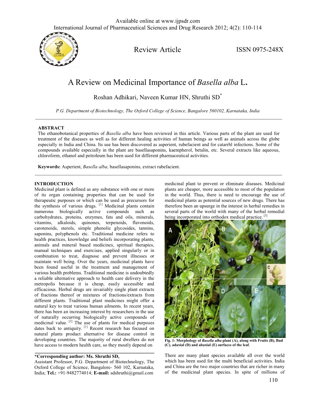 A Review on Medicinal Importance of Basella Alba L