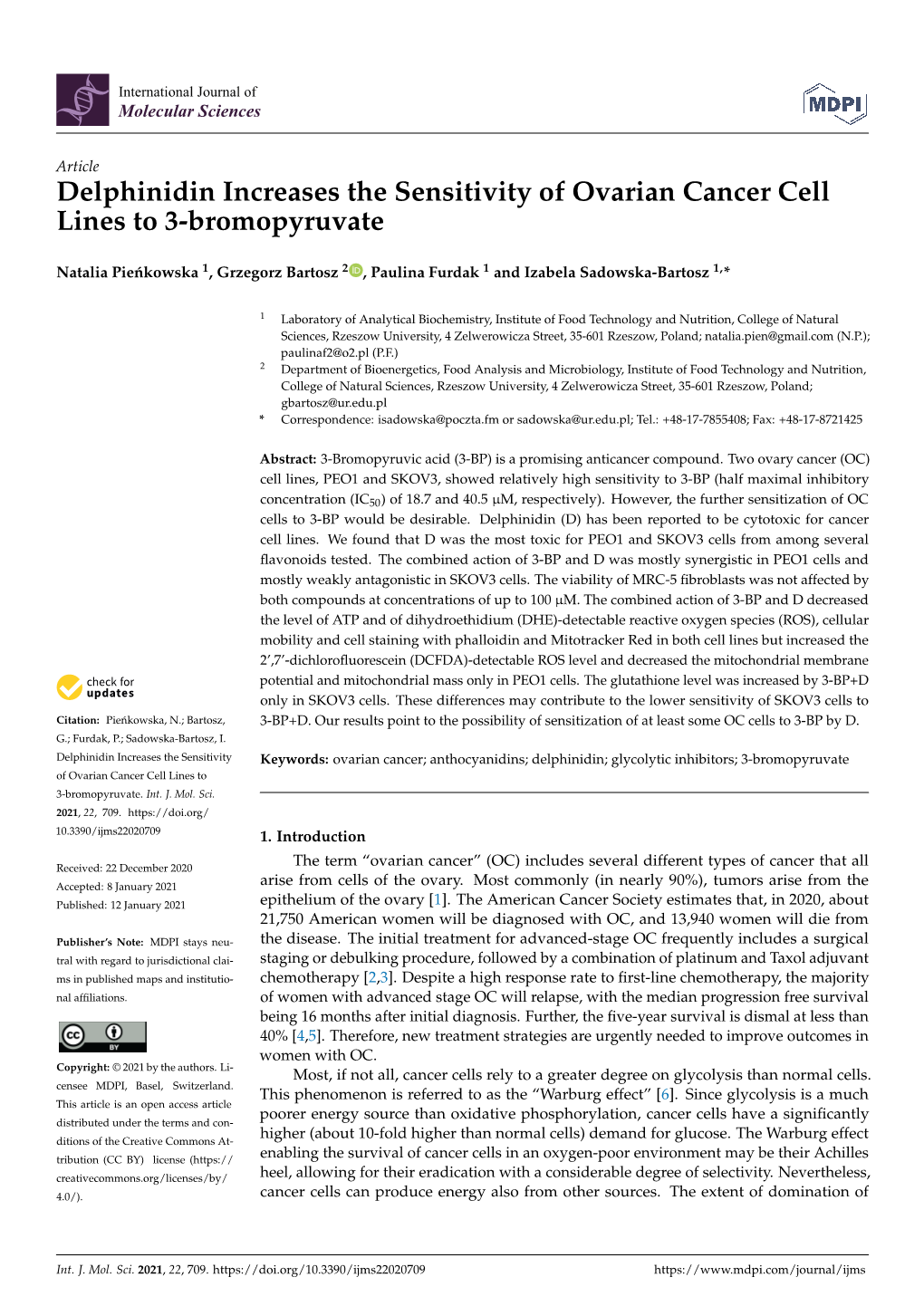 Delphinidin Increases the Sensitivity of Ovarian Cancer Cell Lines to 3-Bromopyruvate