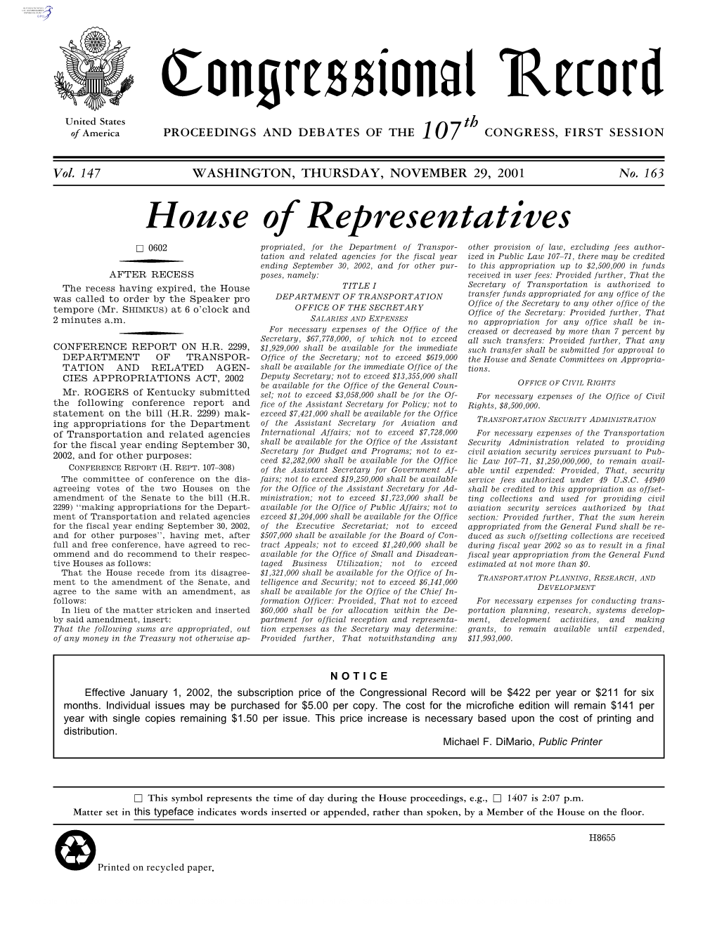 Congressional Record United States Th of America PROCEEDINGS and DEBATES of the 107 CONGRESS, FIRST SESSION