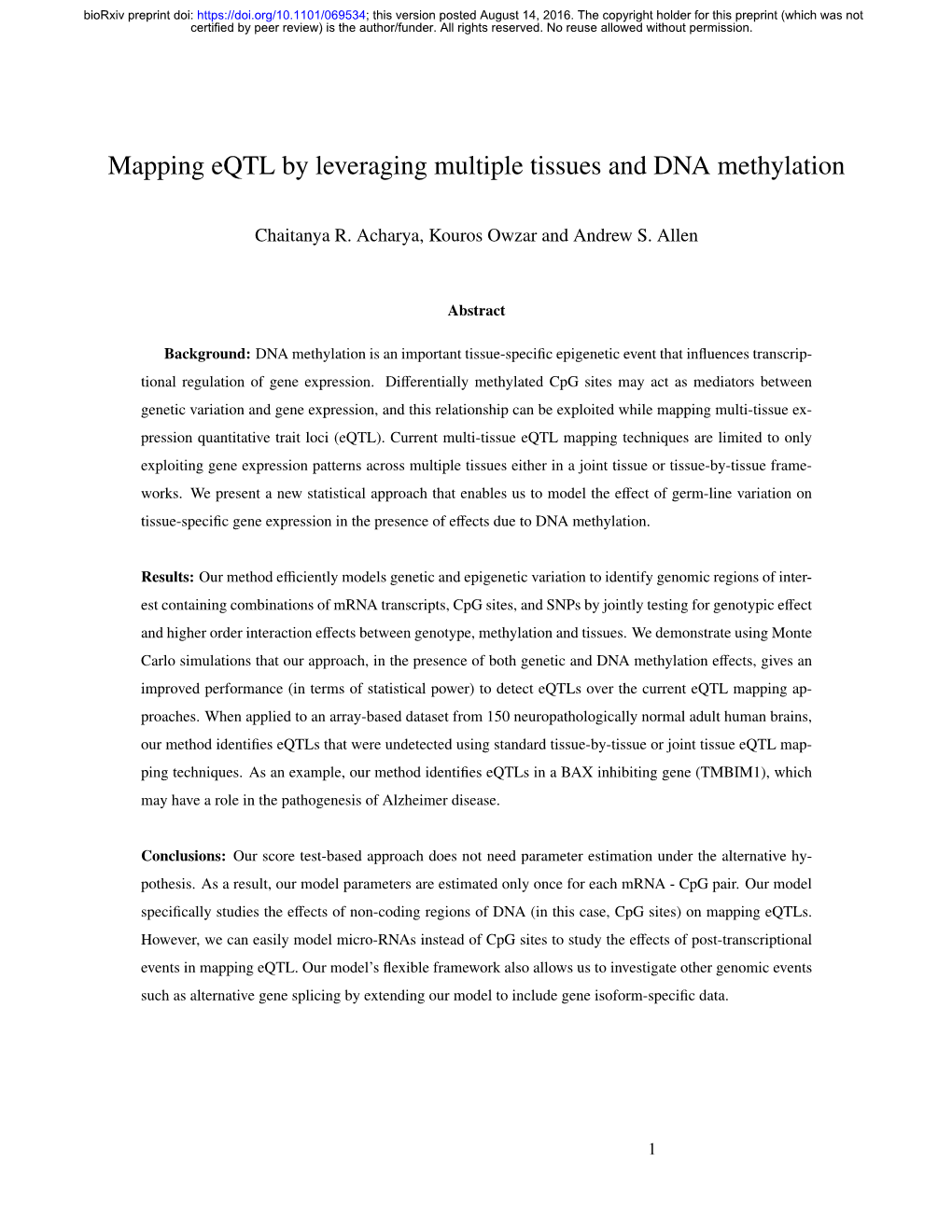 Mapping Eqtl by Leveraging Multiple Tissues and DNA Methylation