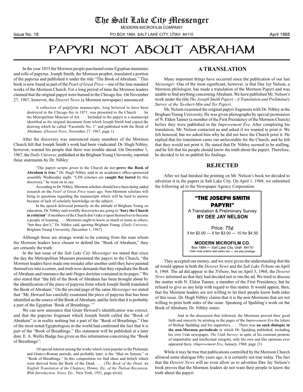 18 Salt Lake City Messenger: Papyri Not About Abraham