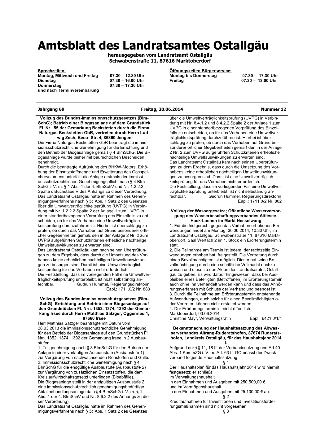 Amtsblatt Des Landratsamtes Ostallgäu Herausgegeben Vom Landratsamt Ostallgäu Schwabenstraße 11, 87616 Marktoberdorf